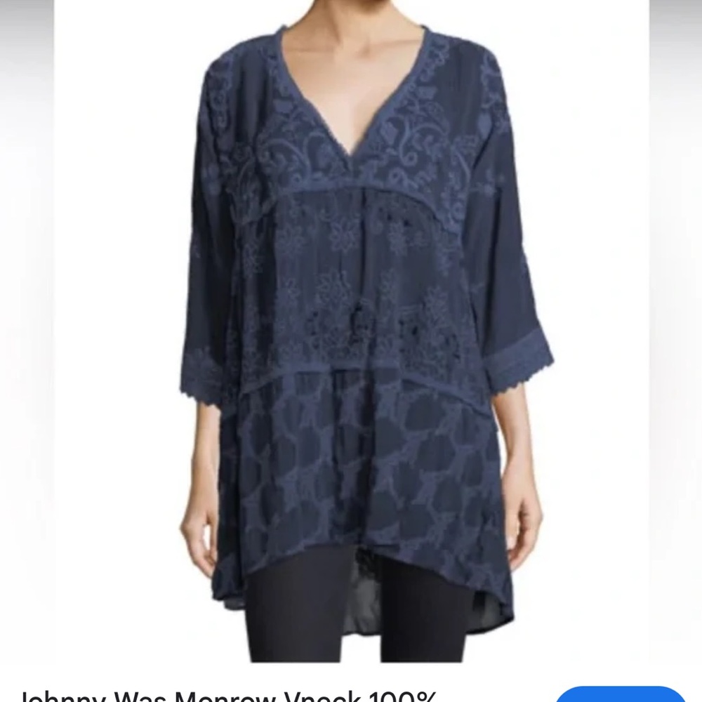 Johnny Was Navy Blue Embroidered V-Neck Blouse in M